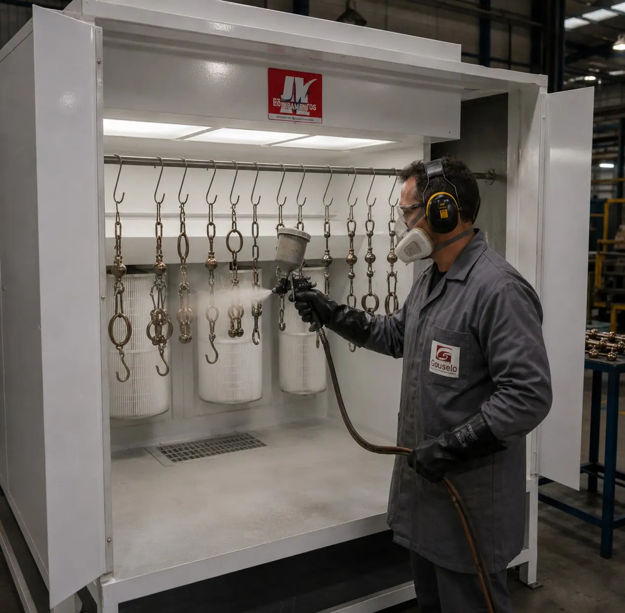 Pintura eletrostática de acessórios para cortina em linha de produção